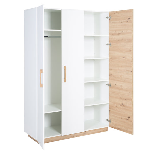 Kleiderschrank 'Lion' 3-türig - Weiß / Holzdekor 'Artisan Eiche' - Griffe aus massiver Eiche – Freisteller (8/19)