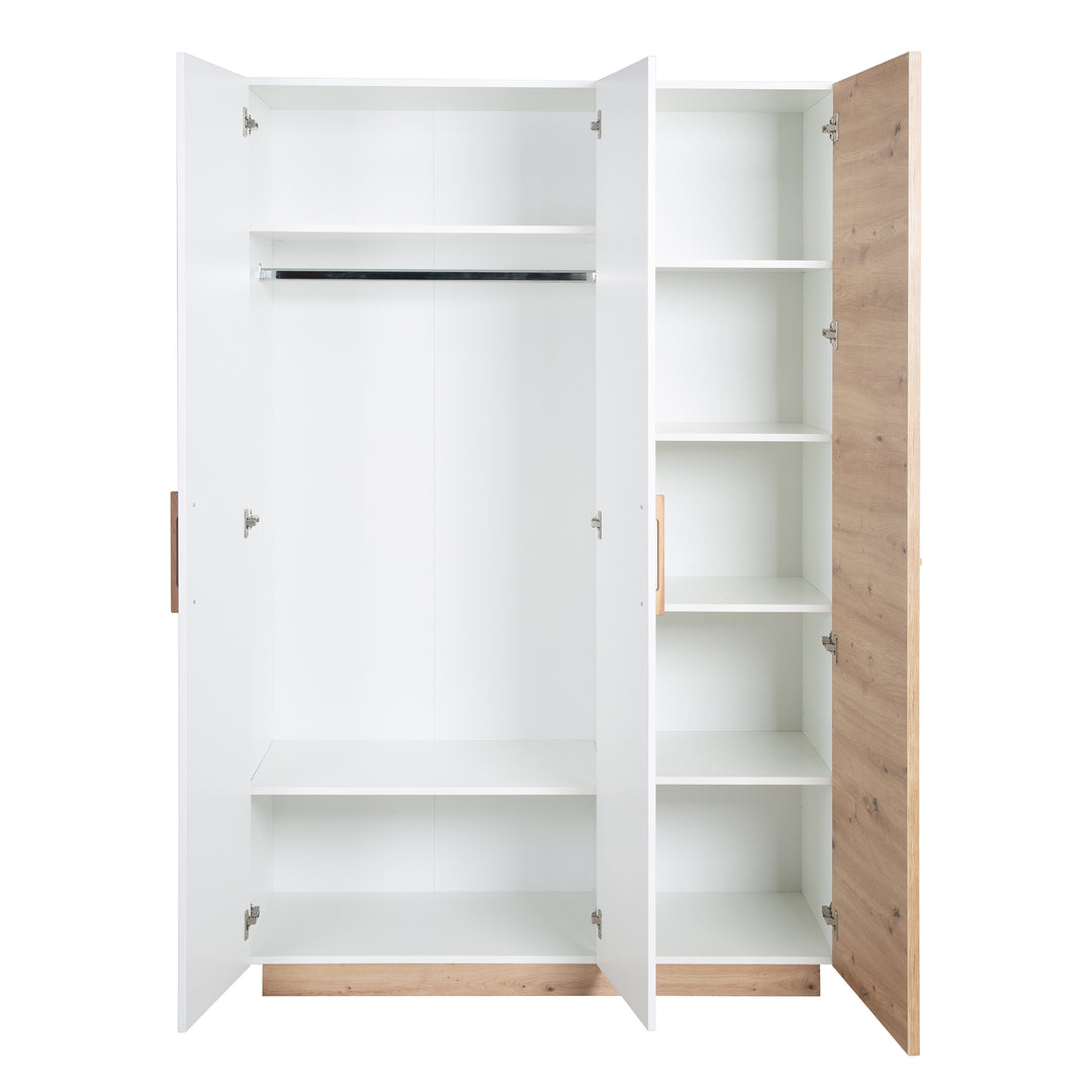 Kleiderschrank 'Lion' 3-türig - Weiß / Holzdekor 'Artisan Eiche' - Griffe aus massiver Eiche – Freisteller (9/19)