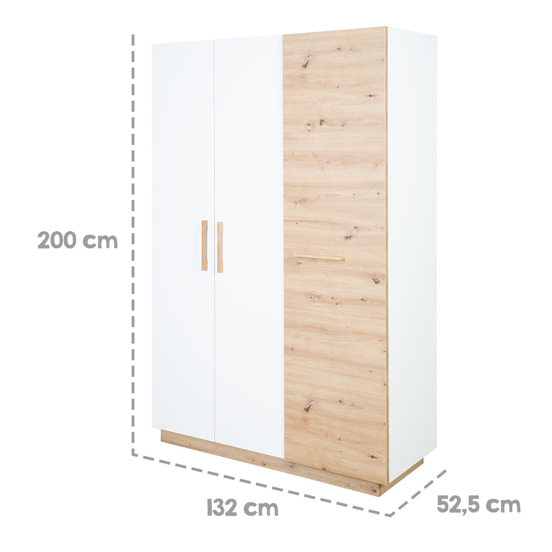 Kleiderschrank 'Lion' 3-türig - Weiß / Holzdekor 'Artisan Eiche' - Griffe aus massiver Eiche – Infografik (4/19)