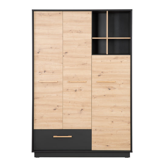 Armoire 'Lenn' 3portes - Anthracite - Décor bois 'Artisan chêne' - Poignées en bois massif – Détourage (3/16)