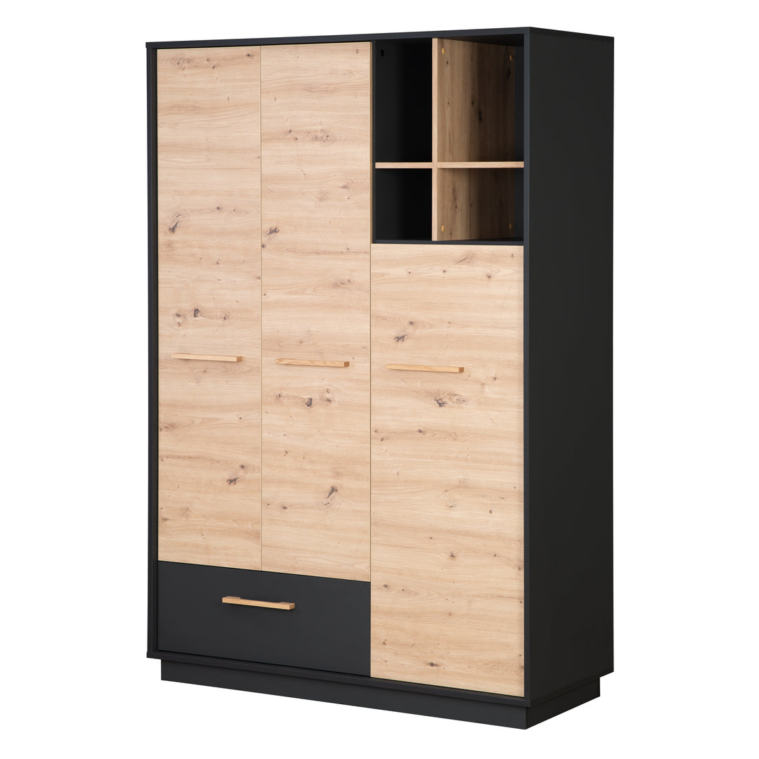 Kleiderschrank 'Lenn' 3-türig - Anthrazit - Holzdekor 'Artisan Eiche' - Massivholzgriffe – Freisteller (1/16)