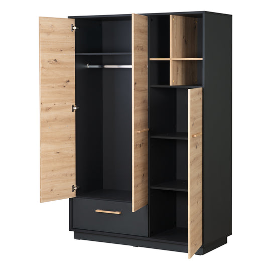 Armoire 'Lenn' 3portes - Anthracite - Décor bois 'Artisan chêne' - Poignées en bois massif – Détourage (4/16)