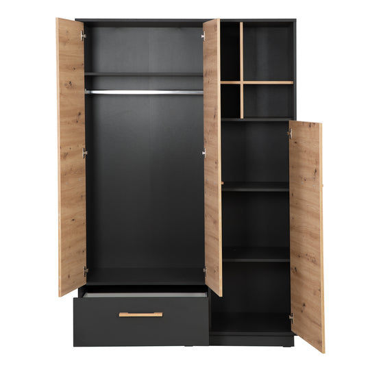 Armoire 'Lenn' 3portes - Anthracite - Décor bois 'Artisan chêne' - Poignées en bois massif – Détourage (5/16)