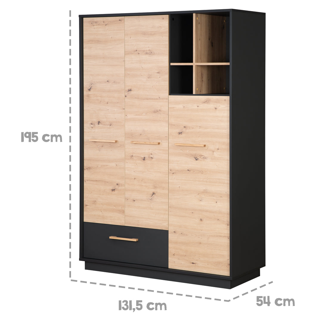 Armoire 'Lenn' 3portes - Anthracite - Décor bois 'Artisan chêne' - Poignées en bois massif – Infographie (8/16)