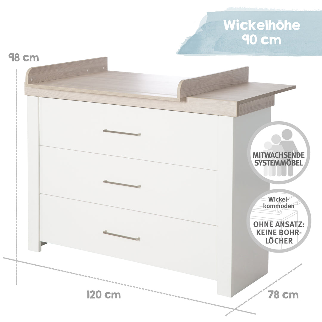 Zimmerset 'Lucy' 3-teilig, inkl. Kombi-Kinderbett 70 x 140, Wickelkommode & Schrank 3-türig – Infografik (7/17)