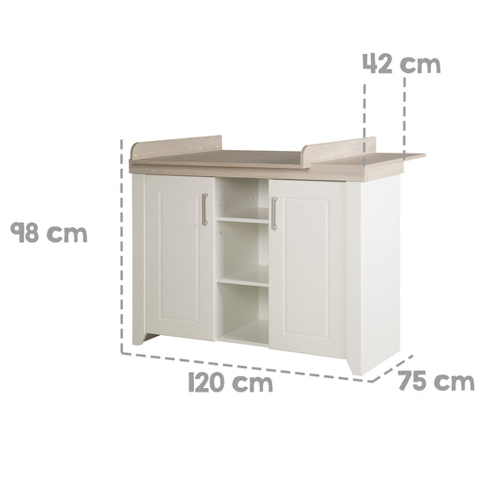 Kinderzimmerset 'Felicia' inkl. Kombi-Bett 70 x 140 cm, Wickelkommode & 3-türigem Schrank, Luna Elm/weiß – Infografik (10/17)