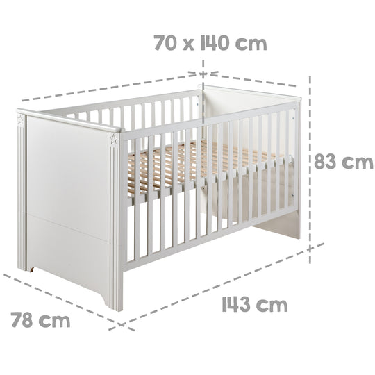 Möbelset 'Maxi' inkl. Kombi-Bett 70 x 140 cm, Wickelkommode & 3-türigem Kleiderschrank, weiß – Infografik (6/17)