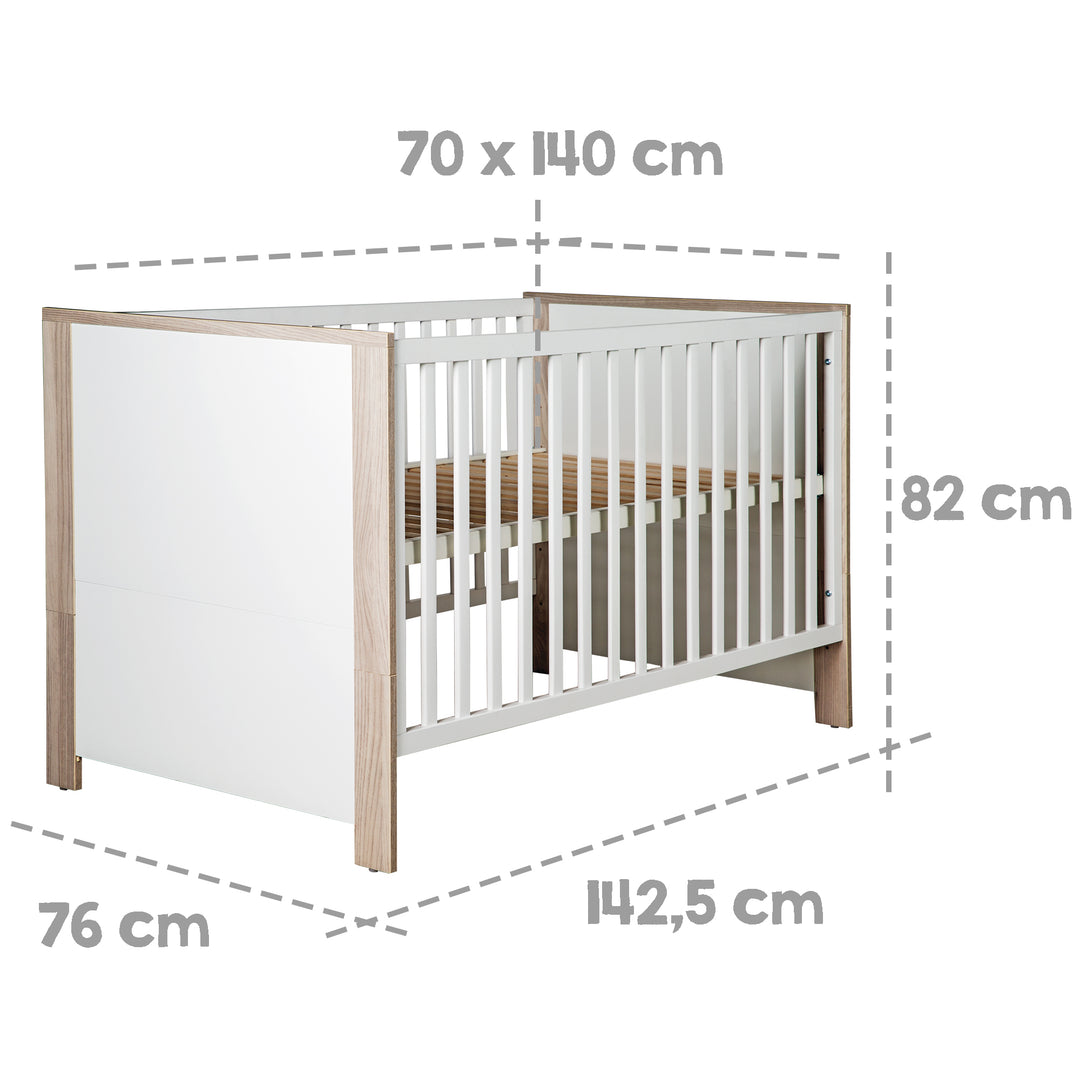 Möbelset 'Olaf' inkl. Kombi-Bett 70 x 140 cm & breiter Wickelkommode, Luna Elm/weiß – Infografik (5/14)