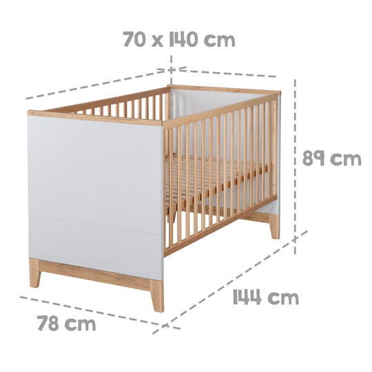 Set cameretta 'Caro', incl. letto combinato 70 x 140 cm, cassettiera fasciatoio & 3ante armadio, grigio chiaro/decoro rovere dorato – Infografica (6/21)