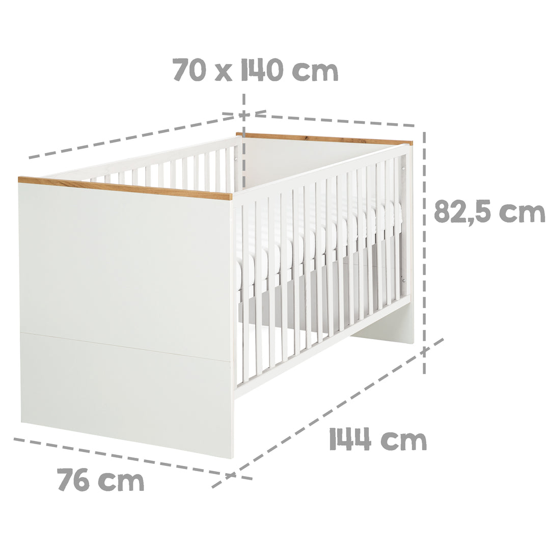 Kombi-Kinderbett 'Finn', 70 x 140 cm, höhenverstellbar, mitwachsend/umbaubar, 3 Schlupfsprossen – Infografik (3/5)