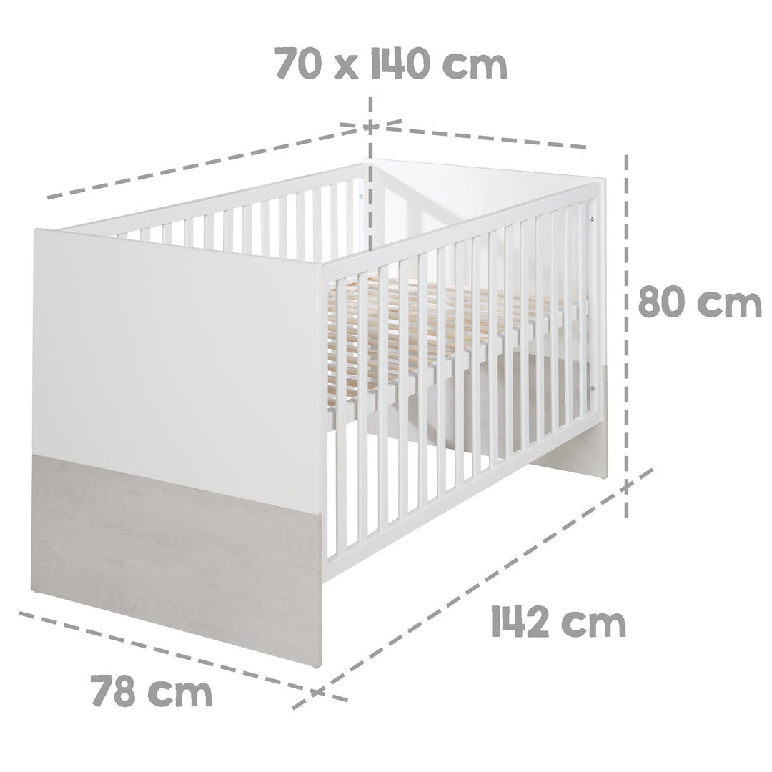 Kombi-Kinderbett 'Julia' 70 x 140 cm, weiß, höhenverstellbar, 3 Schlupfsprossen, umbaubar – Infografik (4/6)