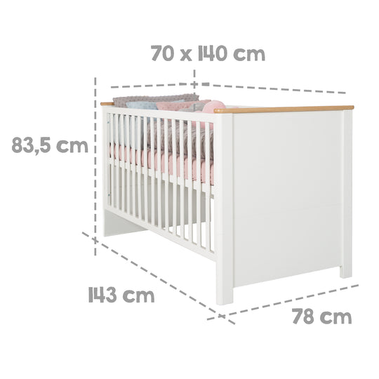 Convertible Cot Bed 'Ava' 70 x1 40 cm, Convertible for Junior Bed, White, Decor in 'Artisan oak' – Infographic (5/8)