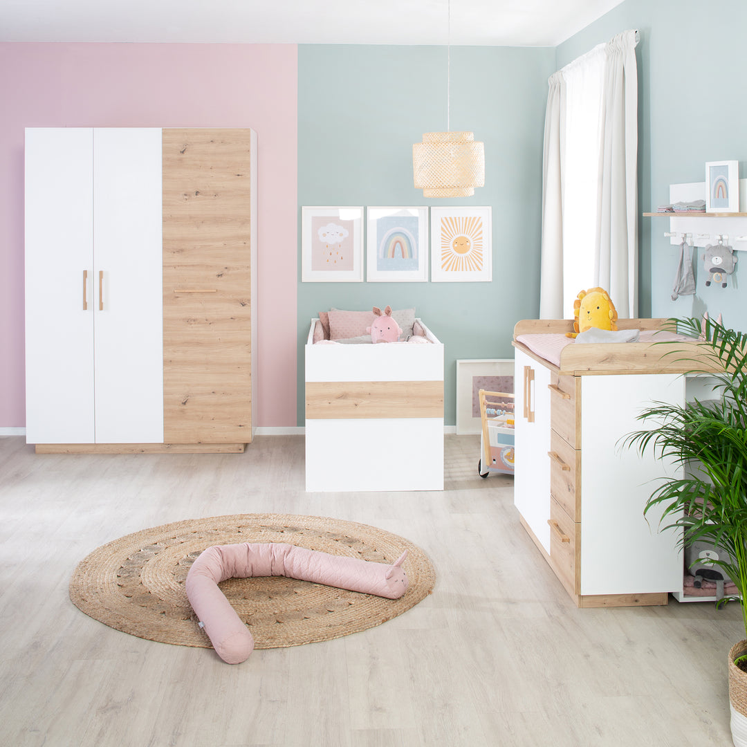 Kombi-Kinderbett 'Lion' 70x140 - 3-fach höhenverstellbar - Weiß & Holzdekor 'Artisan Eiche' – Milieubild (8/12)