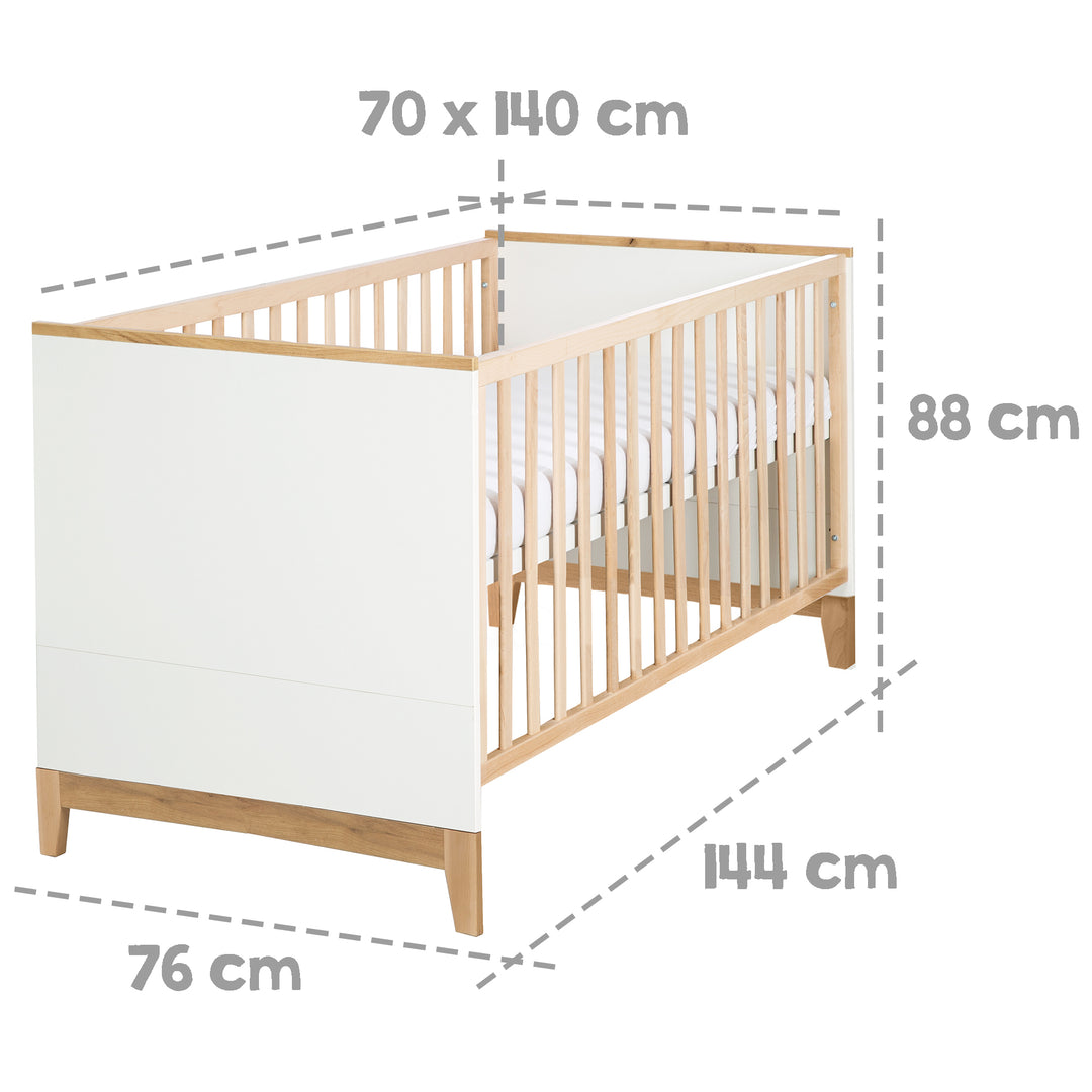 Kombi-Kinderbett 'Finn', 70 x 140 cm, höhenverstellbar, 3 Schlupfsprossen, umbaubar – Infografik (5/6)