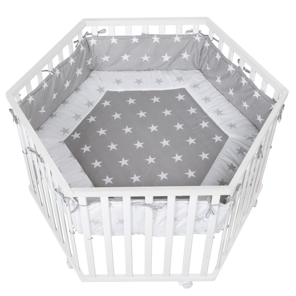 Parc 'Little Stars', 6côtés, incl. protection intérieure & roulettes, bois blanc – Détourage (1/5)