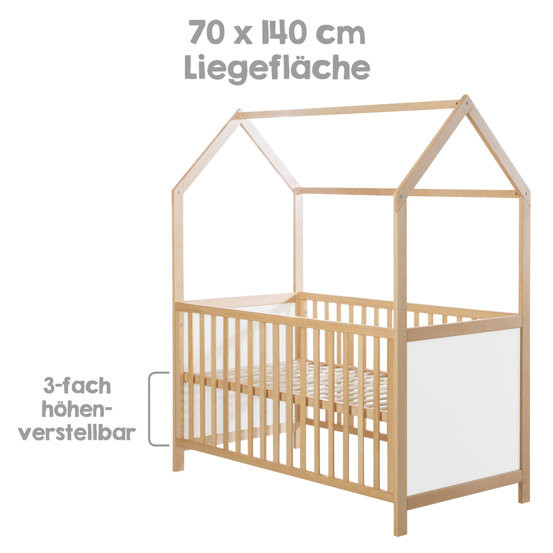 Hausbett 70 x 140 cm, FSC zertifiziert, Kombi-Kinderbett, bicolor, 3-fach verstellbar, umbaubar – Infografik (5/11)