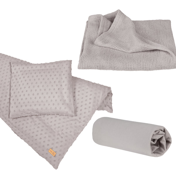 Button-Bild Textil-Set, Beispiel: Lil Planet 3-er Set mit Bettwäsche, Decke und Spannbettlaken in Grau