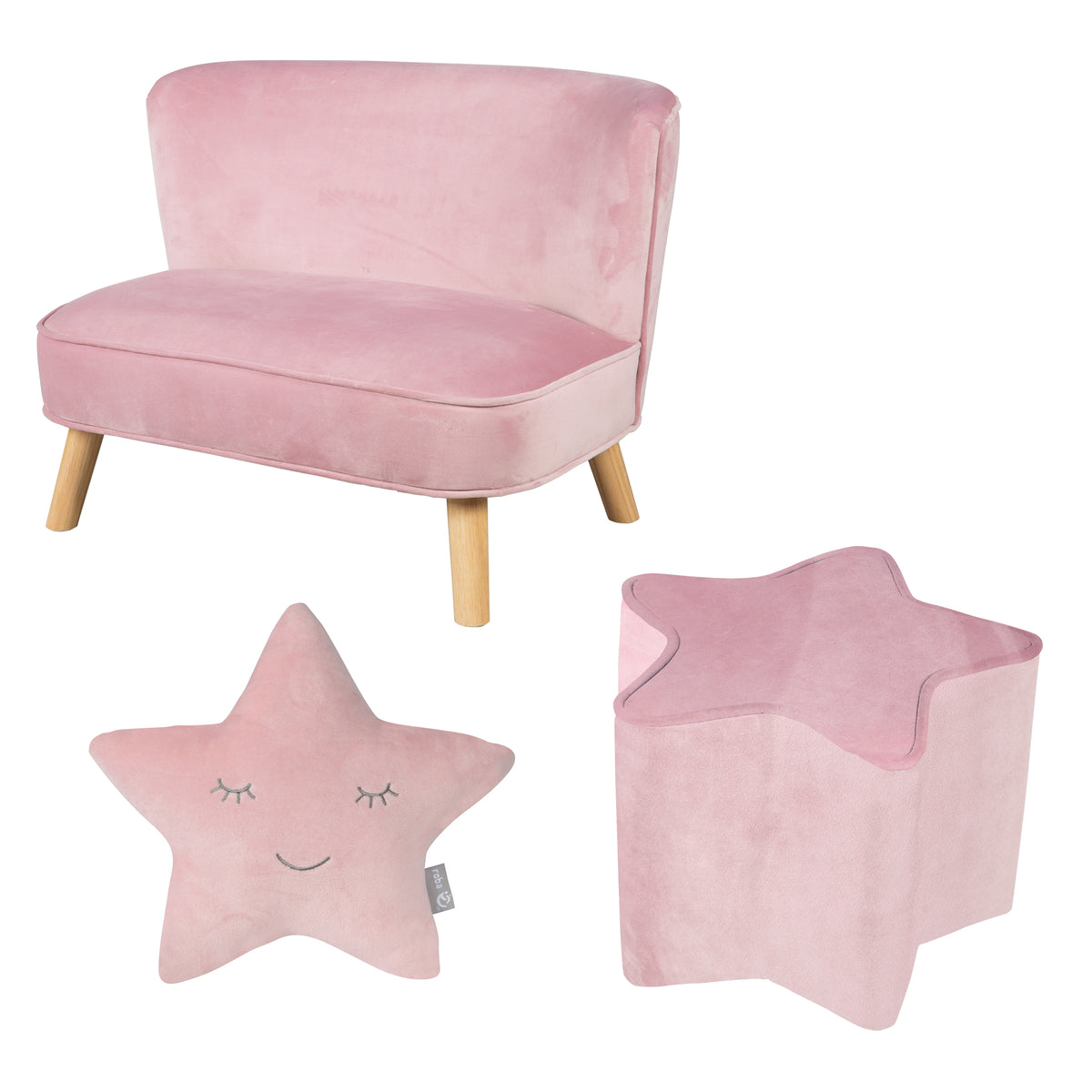 Bundle 'Lil Sofa' comprende divanetto per bambini, sgabello per bambini in forma di stella, cuscino decorativo stella rosa/malva – Foto d'ambiente (1/9)