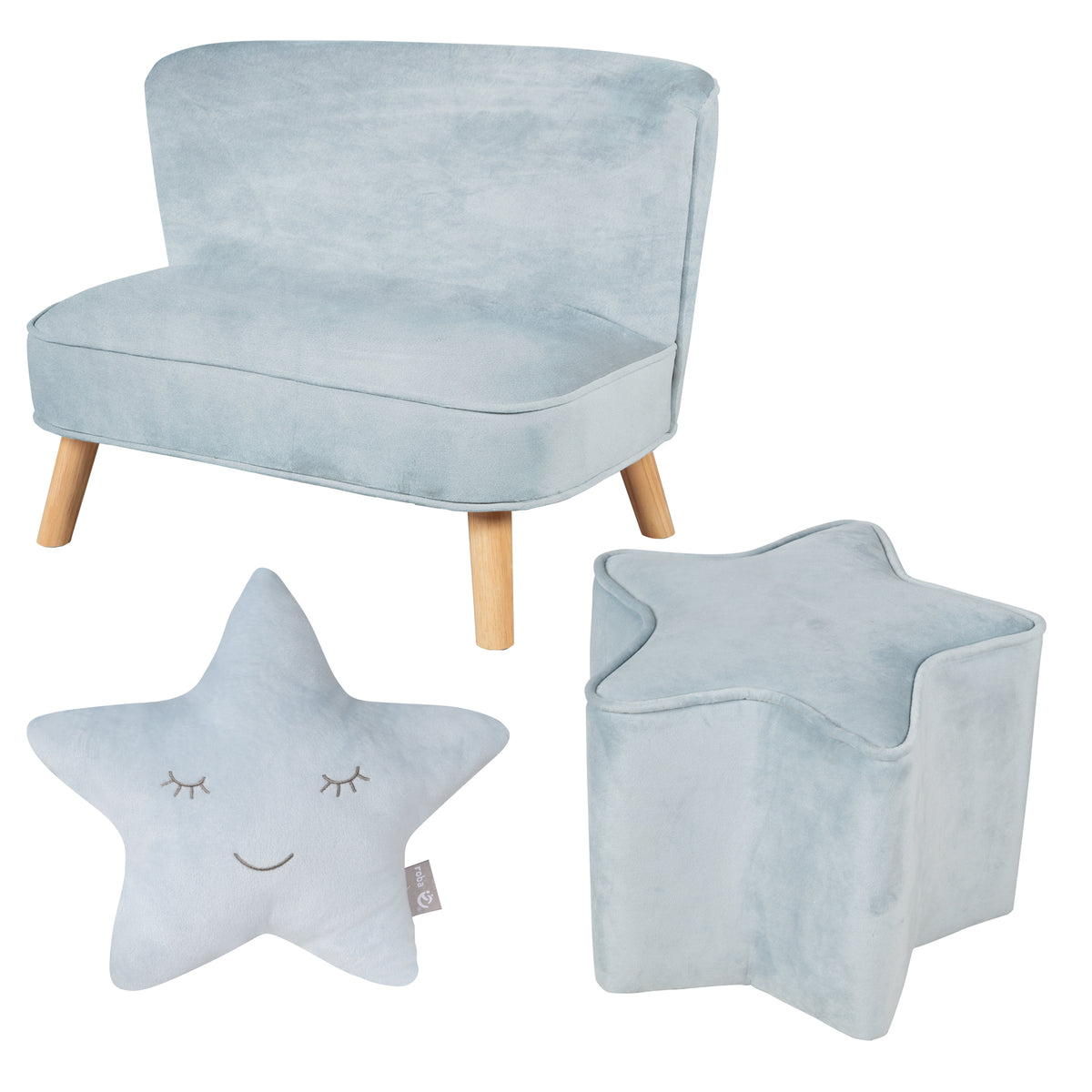 Bundle 'Lil Sofa' incl. Children's Sofa, Star Stool & Decorative Cushion Star in Light Blue/Sky – Lifestyle Image (1/9)