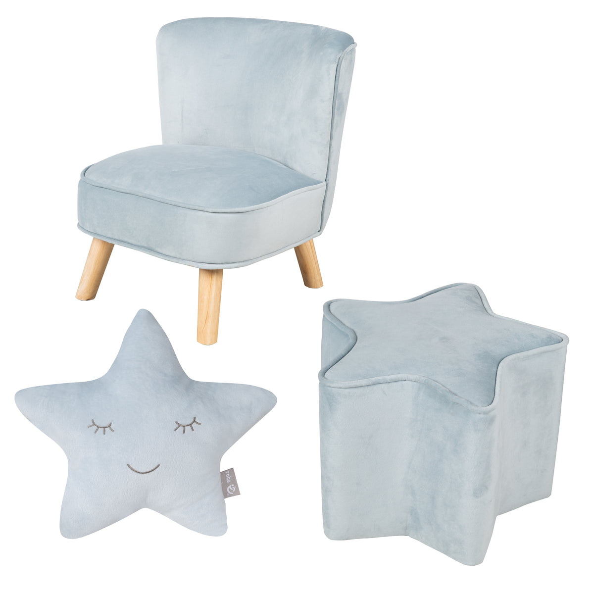 Bundle 'Lil Sofa' incl. poltrona per bambini, sgabello a stella & cuscino decorativo stella in azzurro/celeste – Ritaglio (1/9)