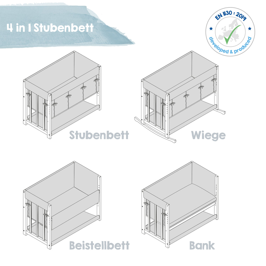 Stuben- & Beistellbett 'Adam & Eule' 4 in 1, Babybett, Wiege & Kinderbank, weiß – Infografik (9/13)