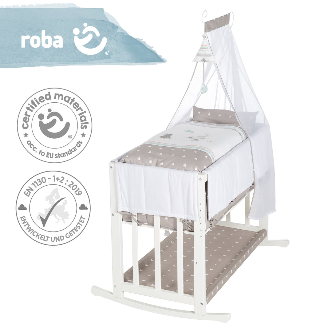 Stuben- & Beistellbett 'Indibär' 4 in 1, Babybett, Wiege & Kinderbank, weiß – Infografik (12/14)