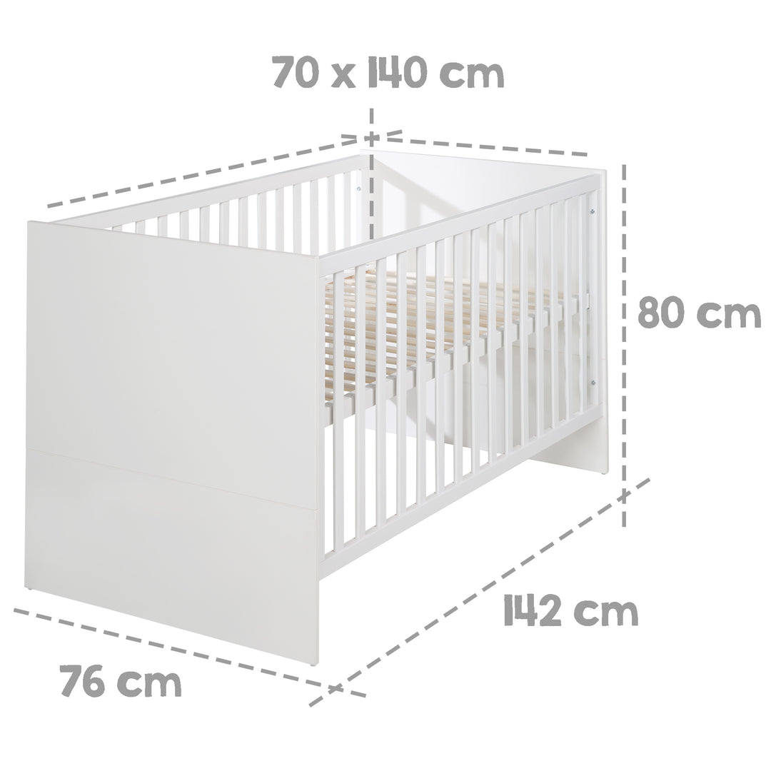 Kombi-Kinderbett 'Maren', 70 x 140 cm, weiß, höhenverstellbar, 3 Schlupfsprossen, umbaubar – Infografik (3/4)