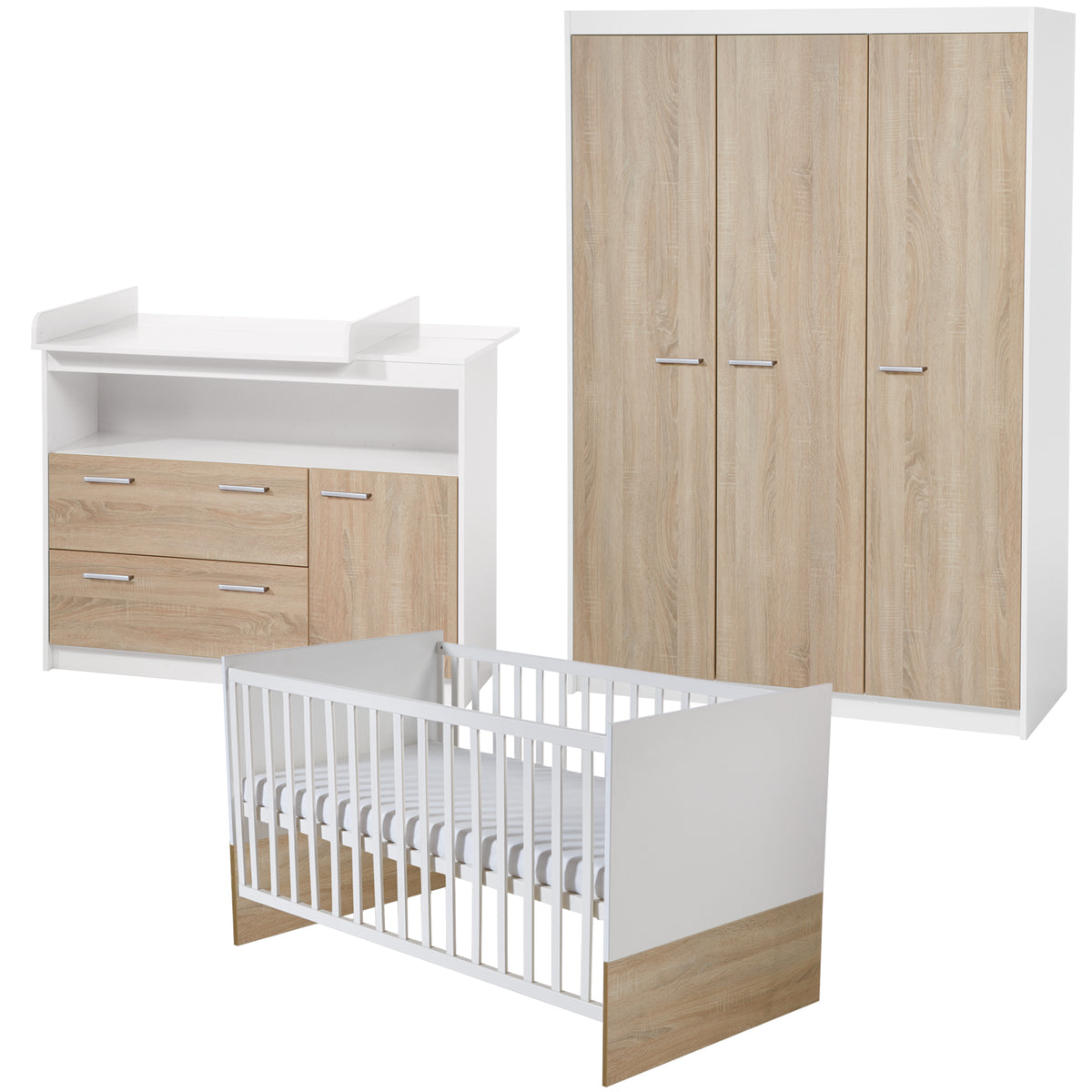 Kindermöbelset 'Gabriella' inkl. Babybett 70 x 140 cm, breiter Wickelkommode & Schrank 3-türig – Freisteller (1/16)