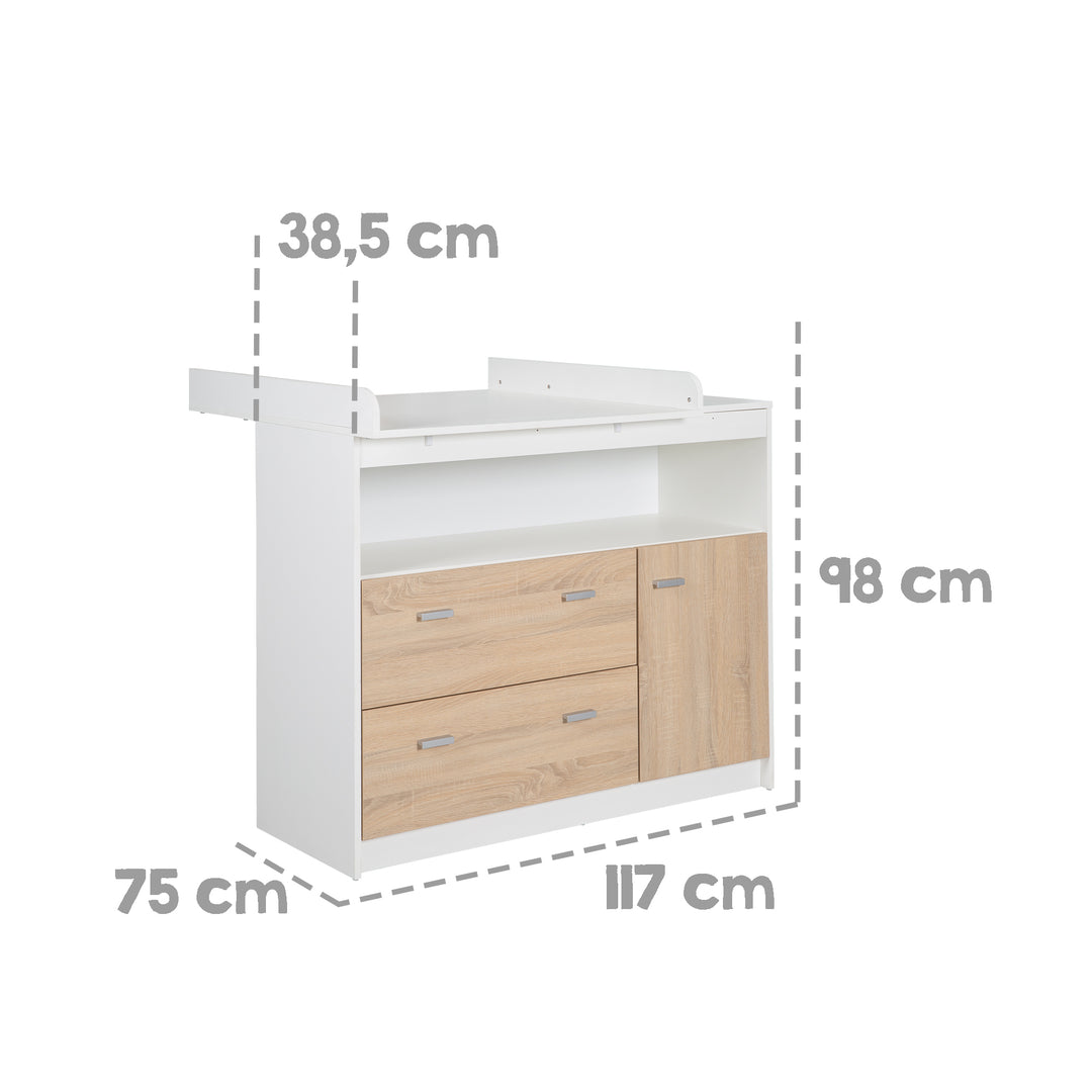 Wickelkommode 'Gabriella' mit Wickelansatz, 2 Schubladen, 1 Tür, 1 offenes Fach, Wickelhöhe: 90 cm – Infografik (4/7)