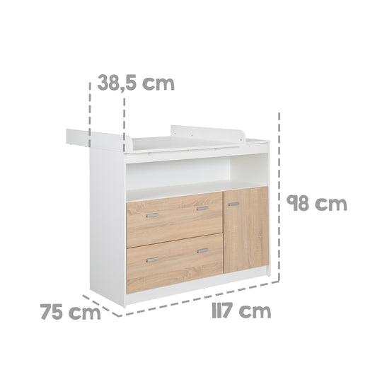 Wickelkommode 'Gabriella' mit Wickelansatz, 2 Schubladen, 1 Tür, 1 offenes Fach, Wickelhöhe: 90 cm – Infografik (4/7)