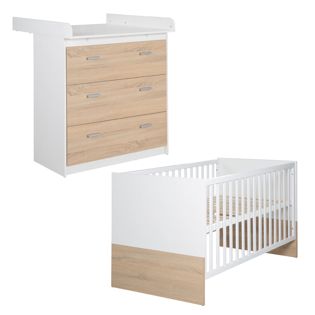 Set mobili 'Gabriella' 2pezzi - Letto 70x140 + cassettiera fasciatoio stretto - Bianco & decoro rovere – Ritaglio (1/10)