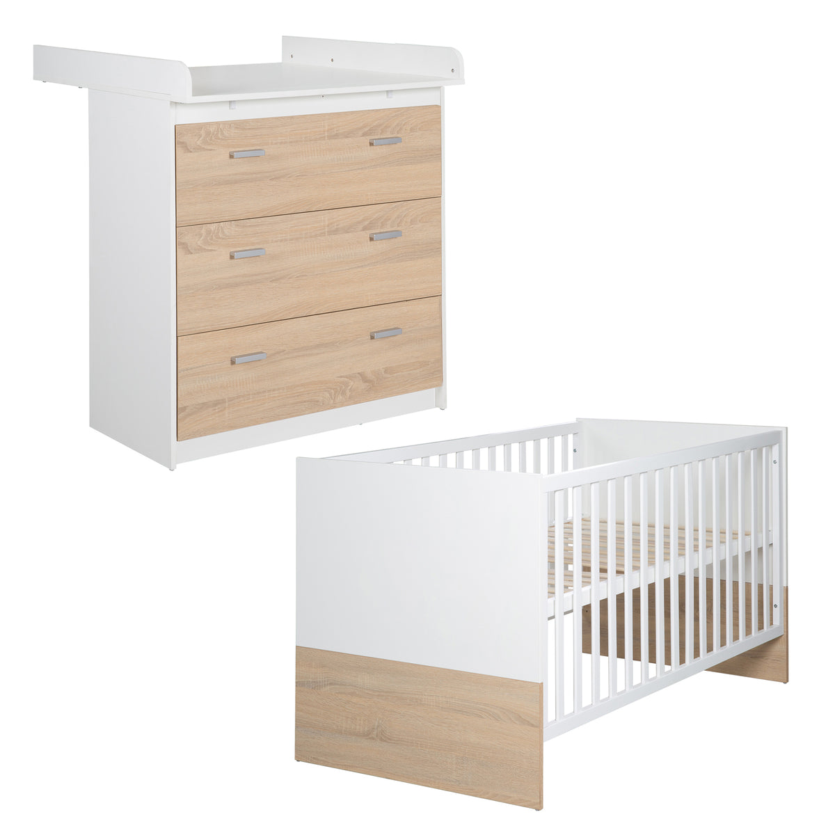 Möbelset 'Gabriella' 2-teilig - Bett 70x140 + Wickelkommode schmal - Weiß & Dekor Eiche – Freisteller (1/10)