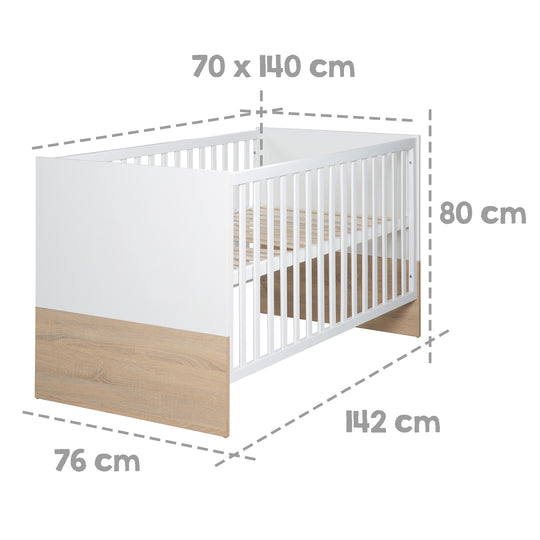 Kombi-Kinderbett 'Gabriella', 70 x 140 cm, weiß/ natur, höhenverstellbar, 3 Schlupfsprossen, umbaubar – Infografik (3/8)