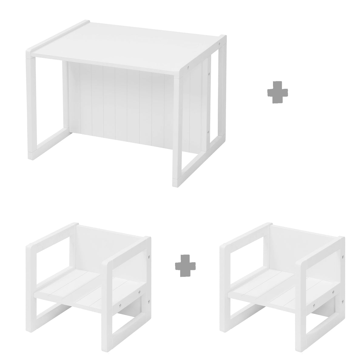 Ensemble table et chaises de style maison de campagne pour enfants, 2 tabouret & une pour table umwandelbarer banc enfant, blanc – Détourage (1/14)
