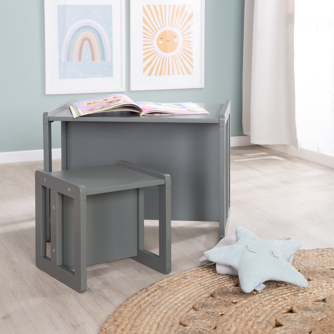 Children's Seating Set 3in1- Reversible Stool & Table - To Children's Bench Convertible - Anthracite – Lifestyle Image (9/18)