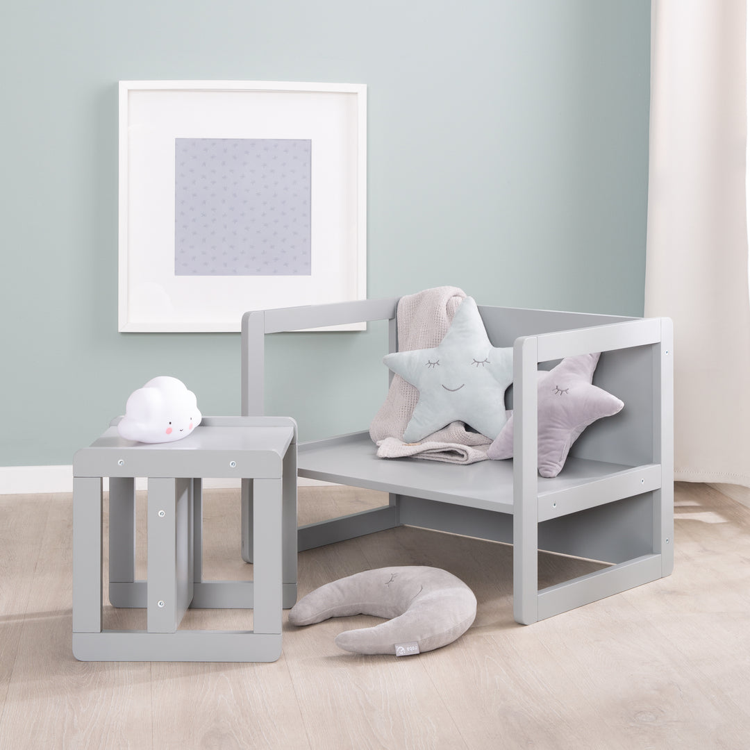 Children's Seating Set 3in1- Reversible Stool & Table - To Children's Bench Convertible - Taupe – Lifestyle Image (2/19)