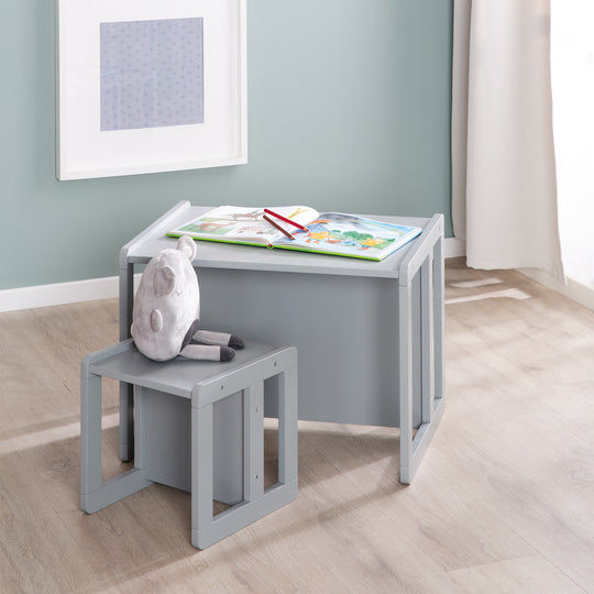 Children's Seating Set 3in1- Reversible Stool & Table - To Children's Bench Convertible - Taupe – Lifestyle Image (13/19)