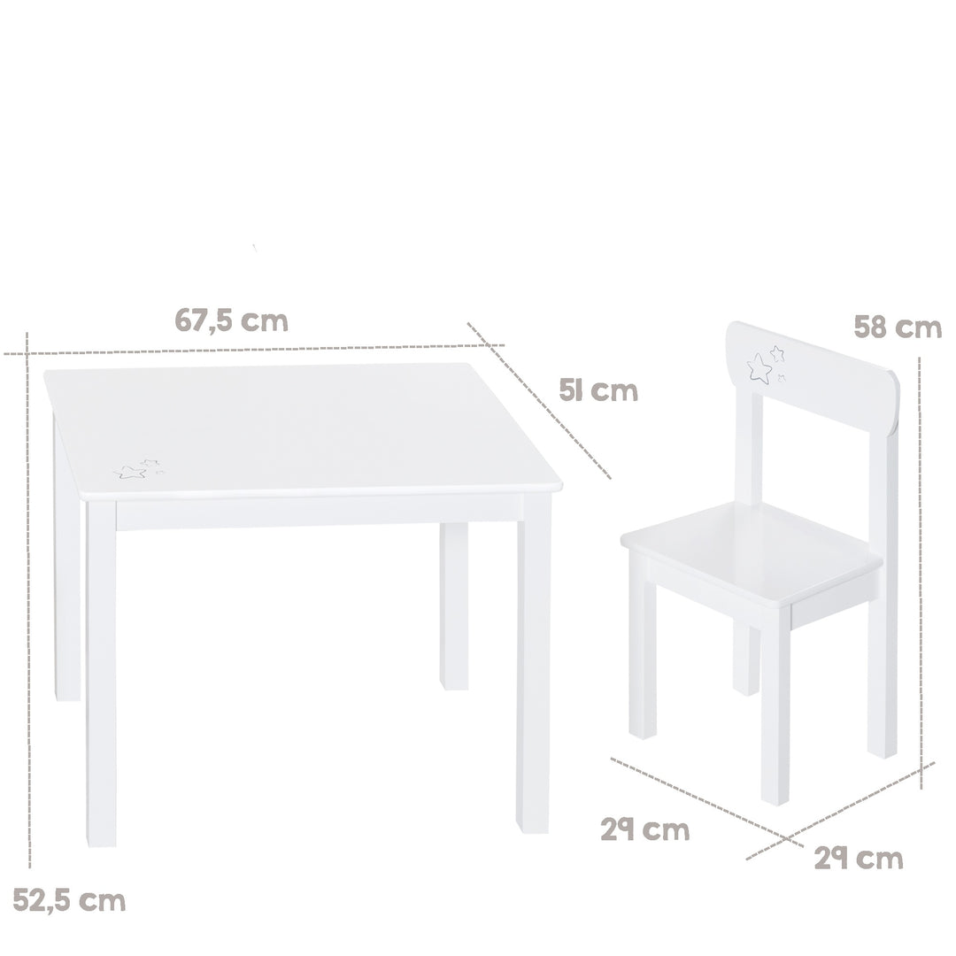 Kindersitzgruppe 'Little Stars', 2 Kinderstühle & 1 Tisch, Holz, weiß lackiert, mit Sternen – Infografik (3/8)