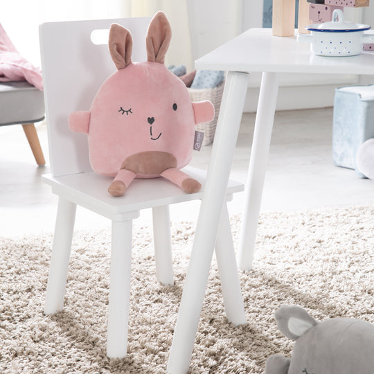 Kindersitzgruppe, Kindermöbel Set aus 2 Kinderstühlen & 1 Tisch, Sitzgarnitur Holz, weiß lackiert. – Detailbild (5/8)