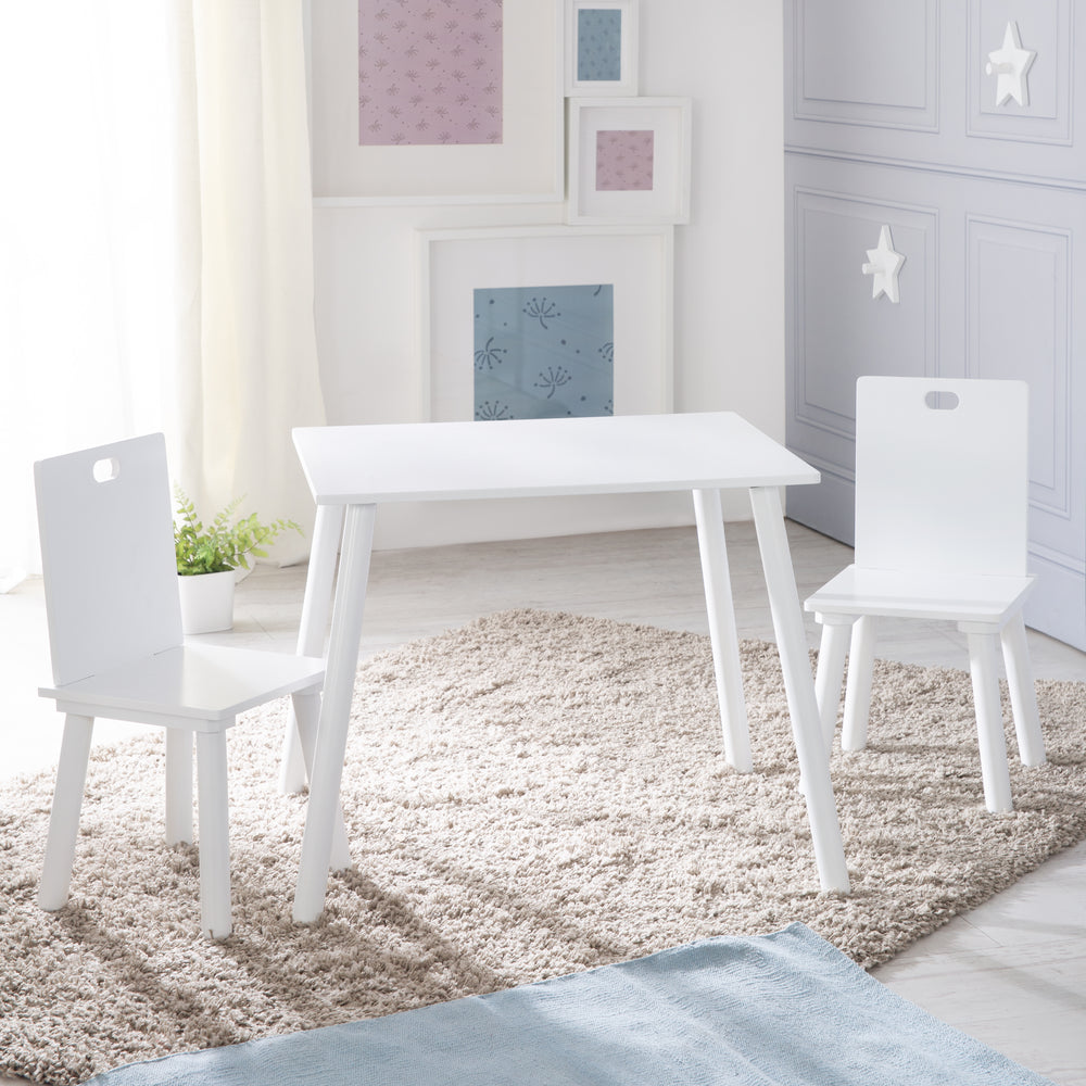 Ensemble table et chaises enfant, mobilier enfant set en 2 chaises enfant & 1 table, ensemble table et chaises bois, blanc laqué. – Photo d'ambiance (2/8)