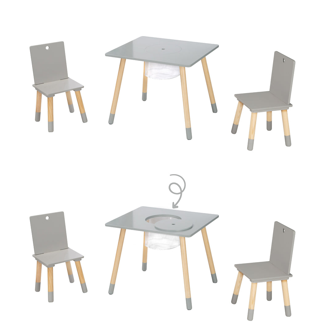 Children's Seating Set, Set Made of Chairs and Table, Wood Grey Lacquered, incl. Storage Net – Infographic (8/9)