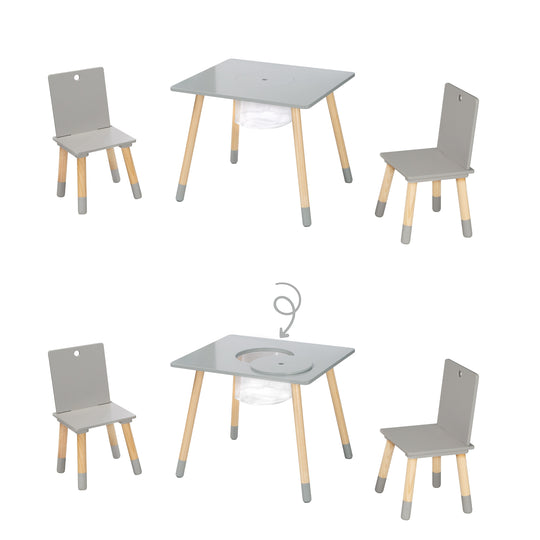 Children's Seating Set, Set Made of Chairs and Table, Wood Grey Lacquered, incl. Storage Net – Infographic (8/9)
