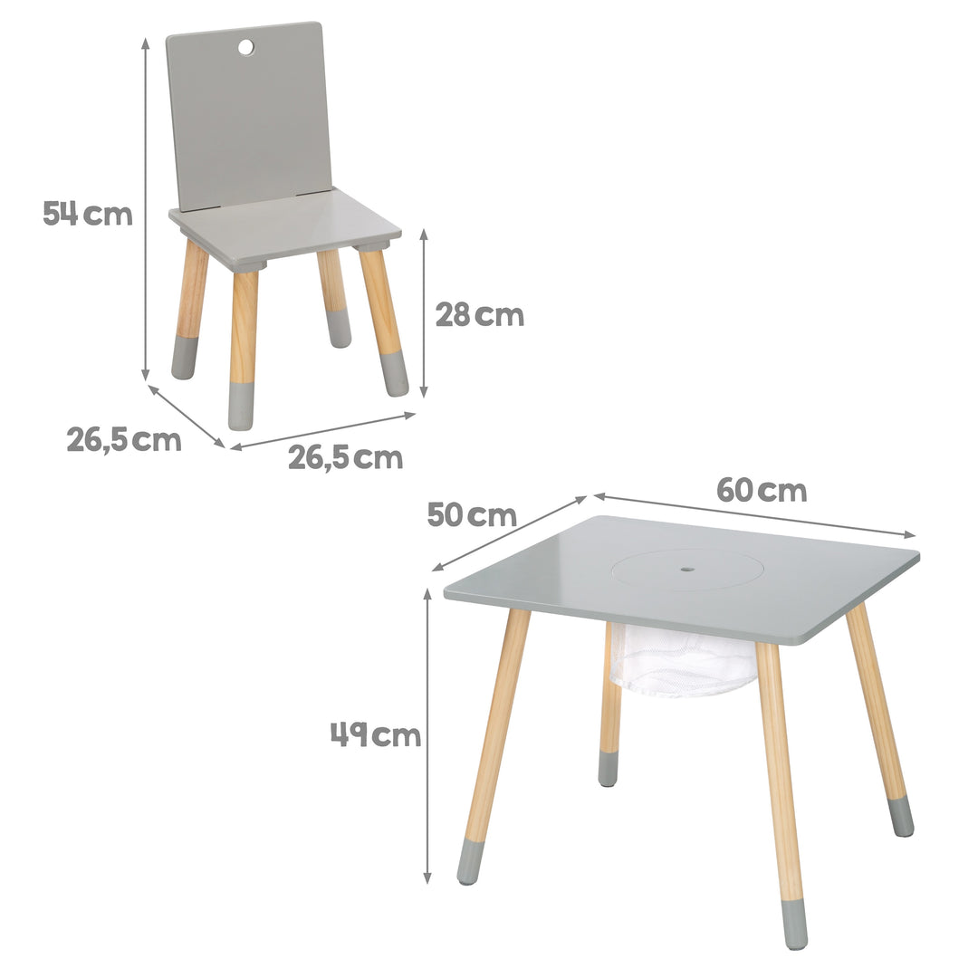 Children's Seating Set, Set Made of Chairs and Table, Wood Grey Lacquered, incl. Storage Net – Infographic (5/9)