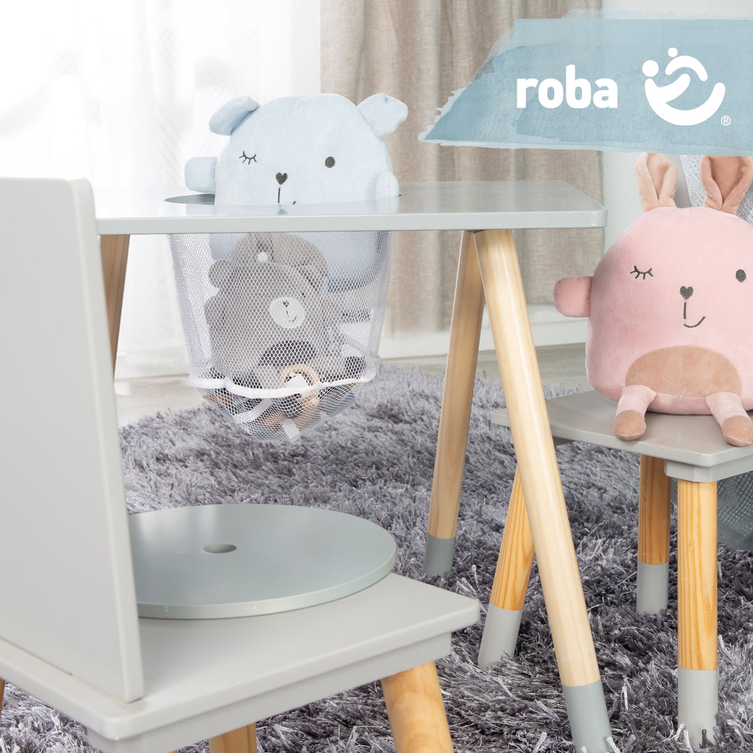 Children's Seating Set, Set Made of Chairs and Table, Wood Grey Lacquered, incl. Storage Net – Detail Image (7/9)
