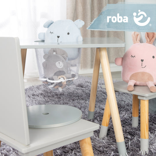 Children's Seating Set, Set Made of Chairs and Table, Wood Grey Lacquered, incl. Storage Net – Detail Image (7/9)
