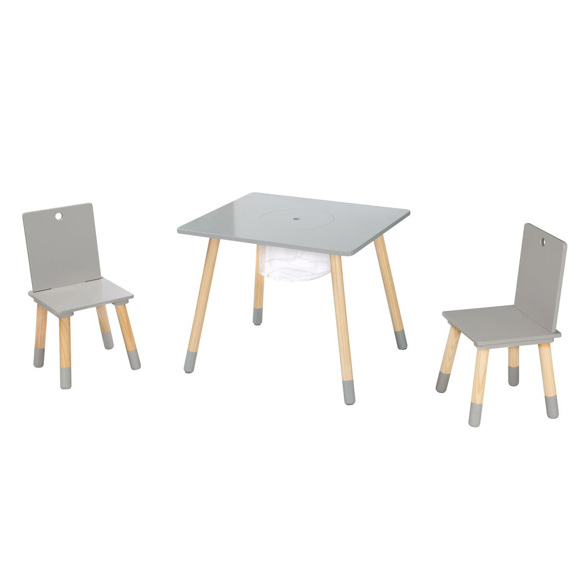 Kindersitzgruppe, Set aus Stühlen und Tisch, Holz grau lackiert, inkl. Aufbewahrungsnetz – Freisteller (1/9)