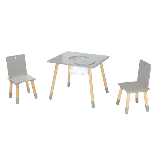 Children's Seating Set, Set Made of Chairs and Table, Wood Grey Lacquered, incl. Storage Net – Cutout (3/9)