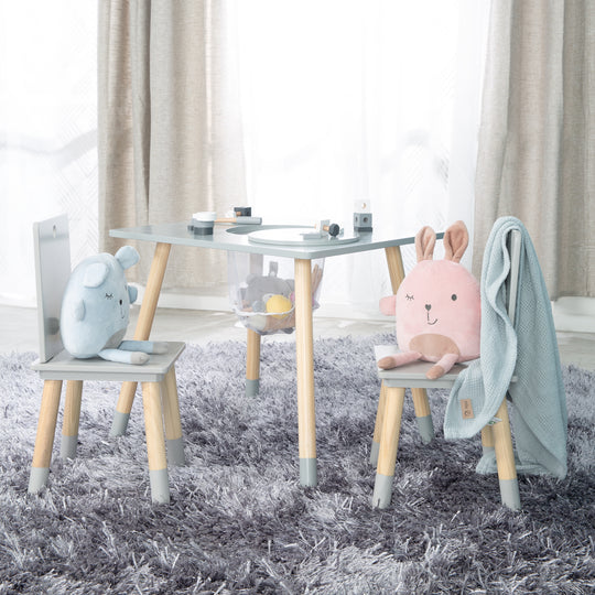 Children's Seating Set, Set Made of Chairs and Table, Wood Grey Lacquered, incl. Storage Net – Lifestyle Image (2/9)