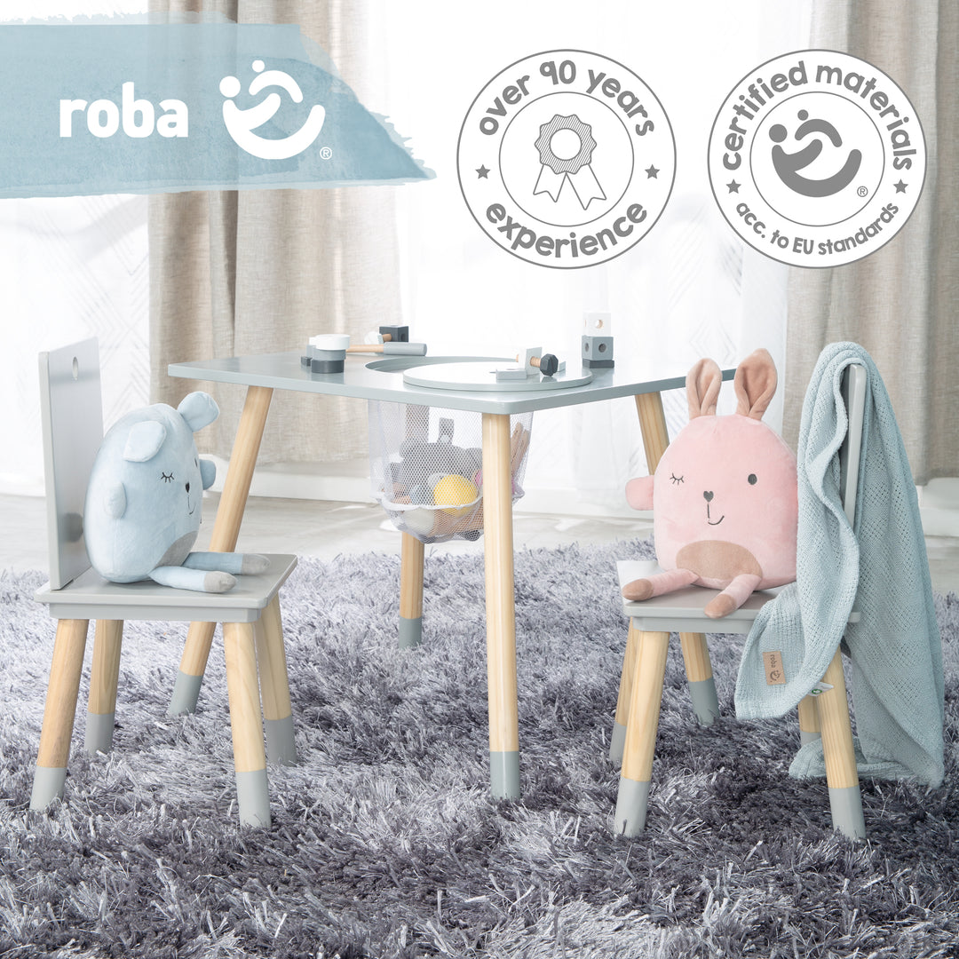 Children's Seating Set, Set Made of Chairs and Table, Wood Grey Lacquered, incl. Storage Net – Lifestyle Image (4/9)