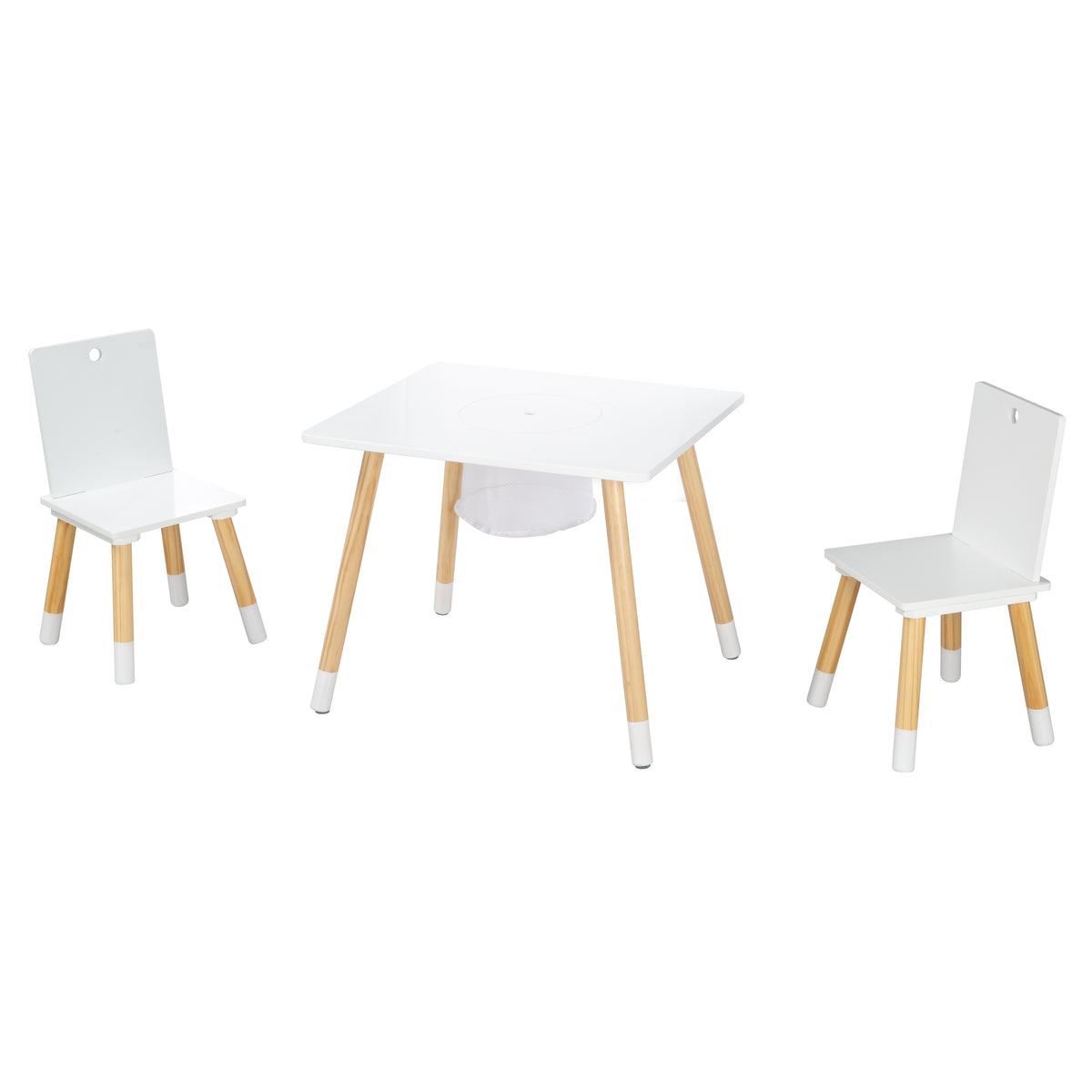 Kindersitzgruppe, Set aus Stühlen & Tisch, Holz weiß lackiert, inkl. Aufbewahrungsnetz – Freisteller (1/8)